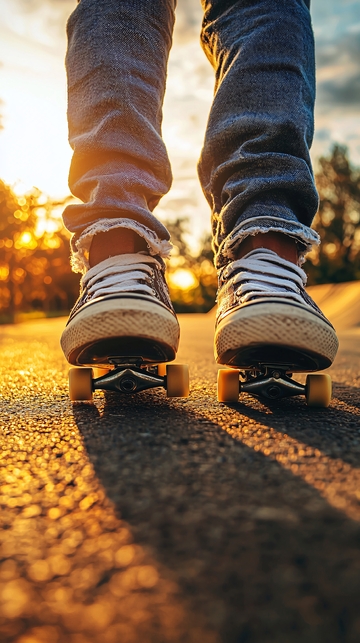 夕阳下穿着帆布鞋的双脚踩着滑板