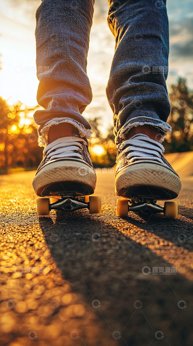 高清大图下载【趣麦麦图】夕阳下穿着帆布鞋的双脚踩着滑板