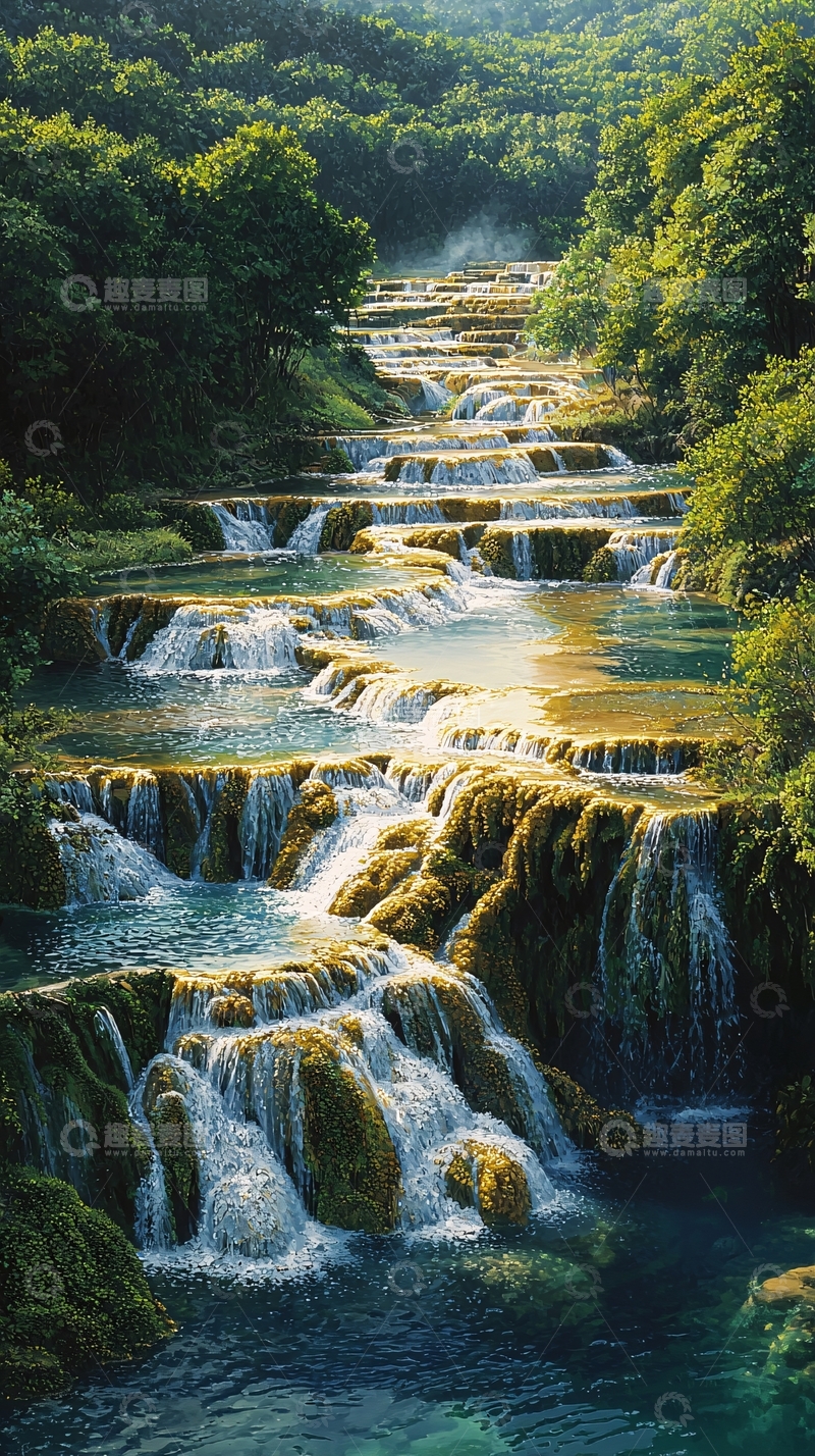 高清大图下载【趣麦麦图】层叠瀑布流淌在绿色山林中
