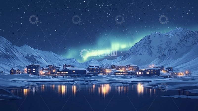 高清大图下载【趣麦麦图】极光下的雪山小镇