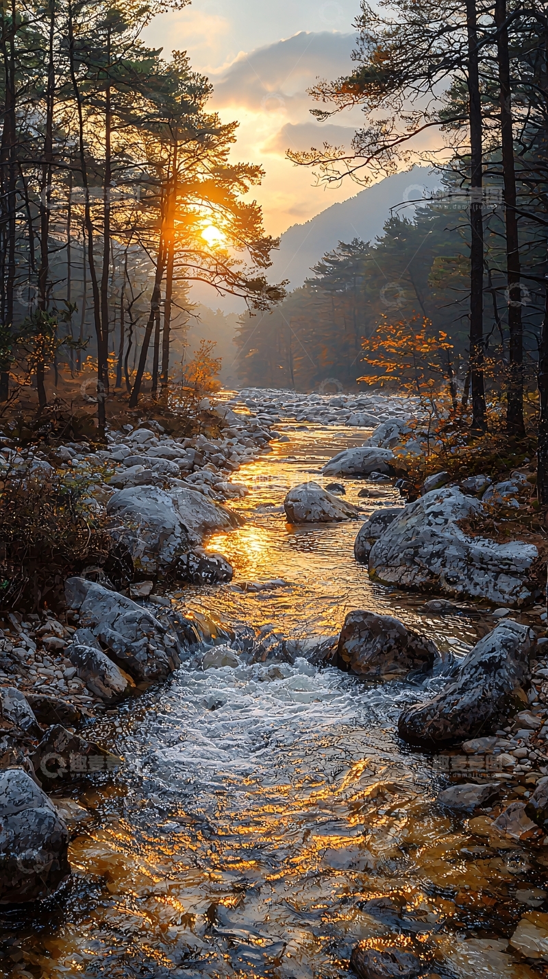 高清大图下载【趣麦麦图】森林溪流日出
