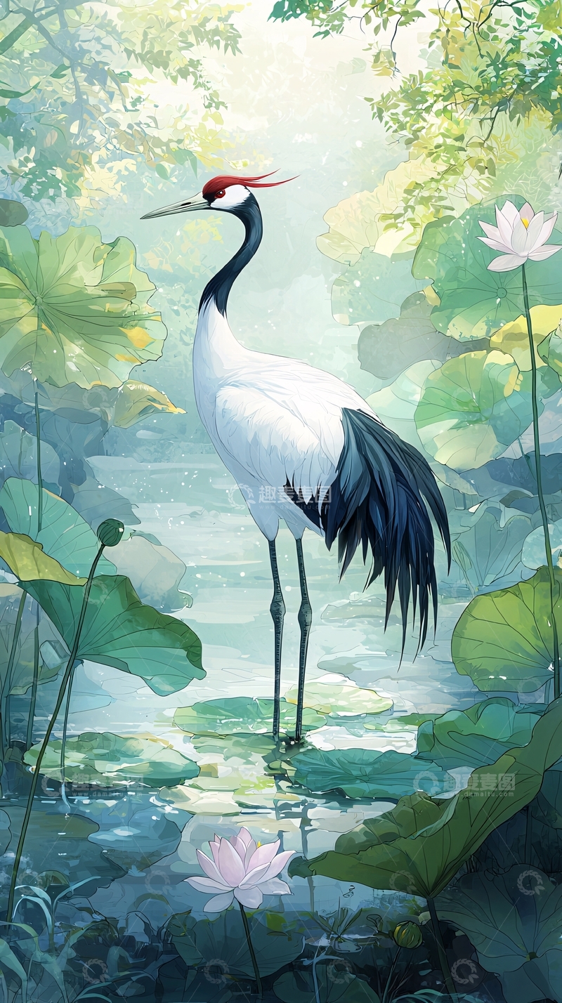 高清大图下载【趣麦麦图】仙鹤荷花水墨画
