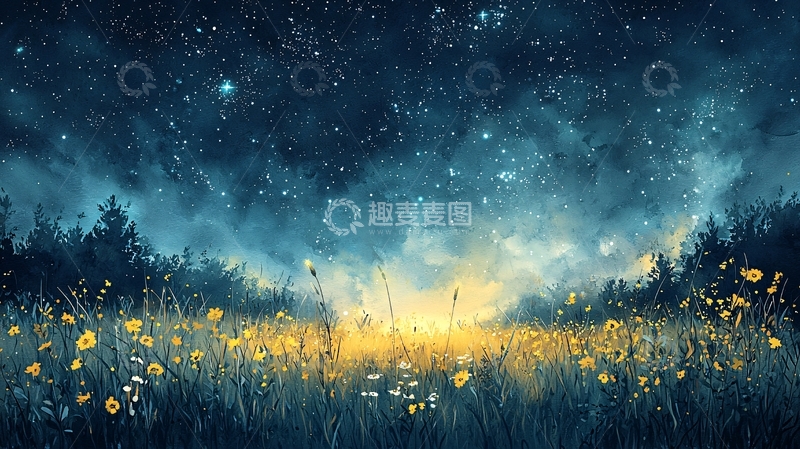 高清大图下载【趣麦麦图】星空下金色的花田