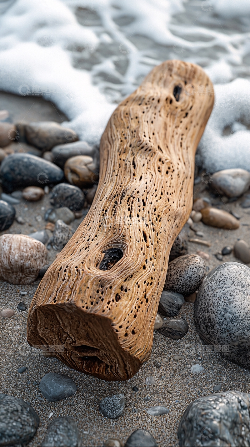 高清大图下载【趣麦麦图】海滩上被海浪冲刷的木头