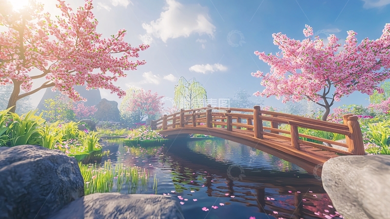 高清大图下载【趣麦麦图】春日樱花桥流水