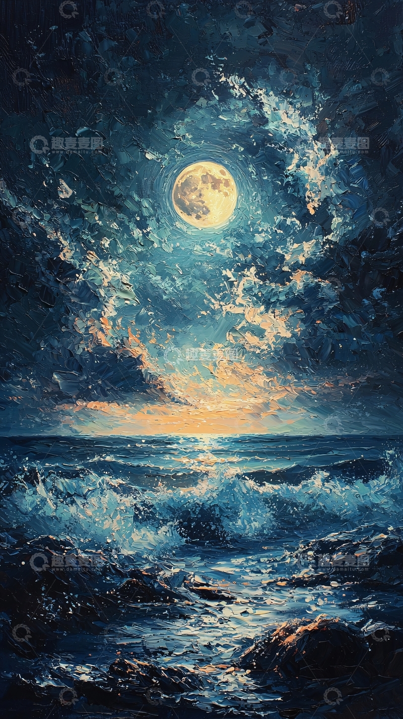 高清大图下载【趣麦麦图】海面月光油画