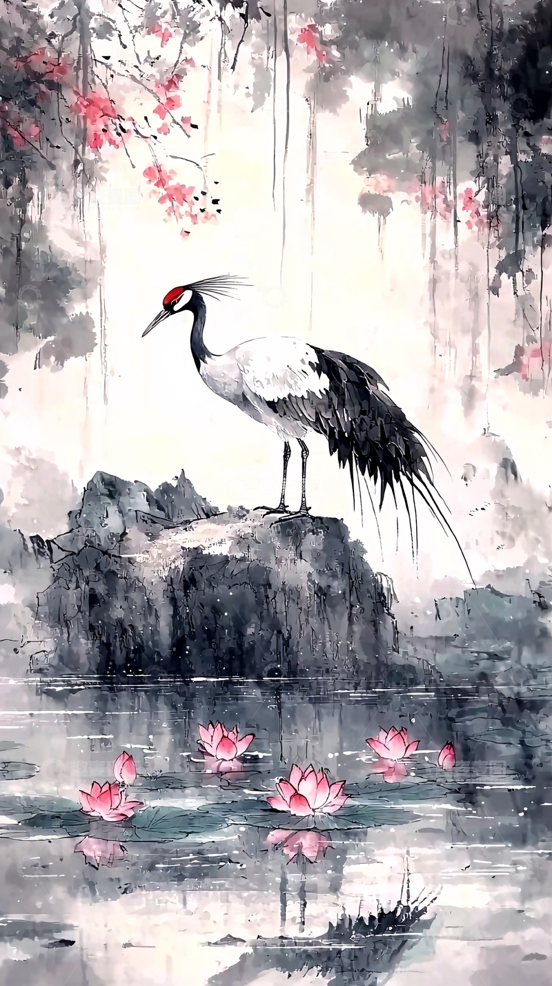 高清大图下载【趣麦麦图】水墨丹顶鹤