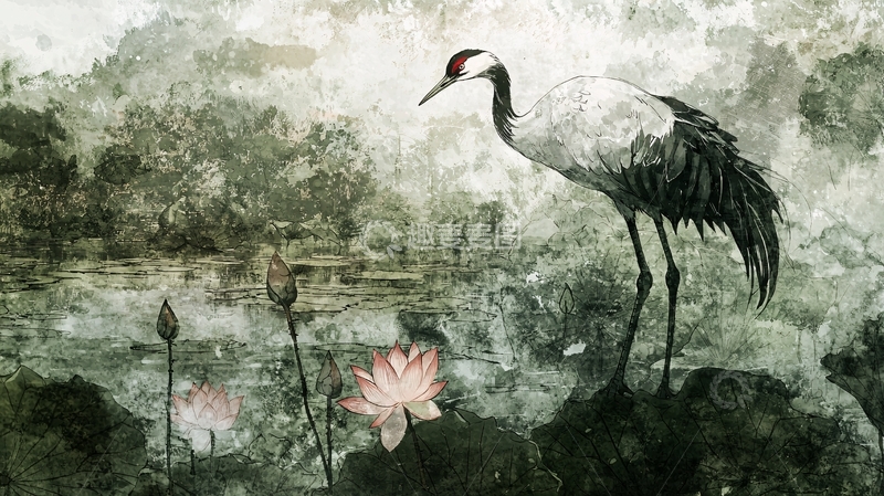 高清大图下载【趣麦麦图】水墨丹顶鹤荷花图