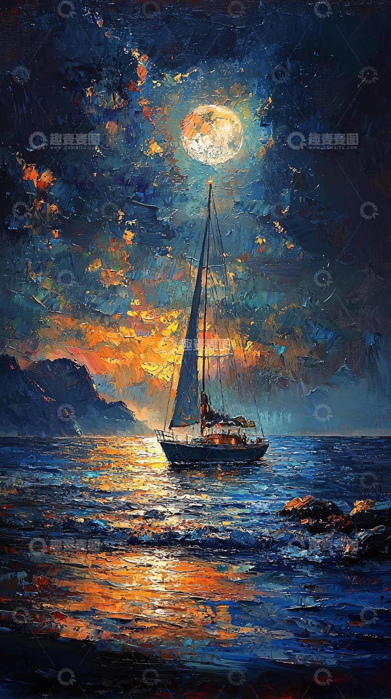 高清大图下载【趣麦麦图】夜空帆船月亮海面油画