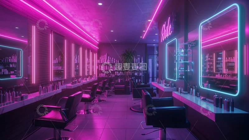 高清大图下载【趣麦麦图】霓虹灯美发沙龙内景