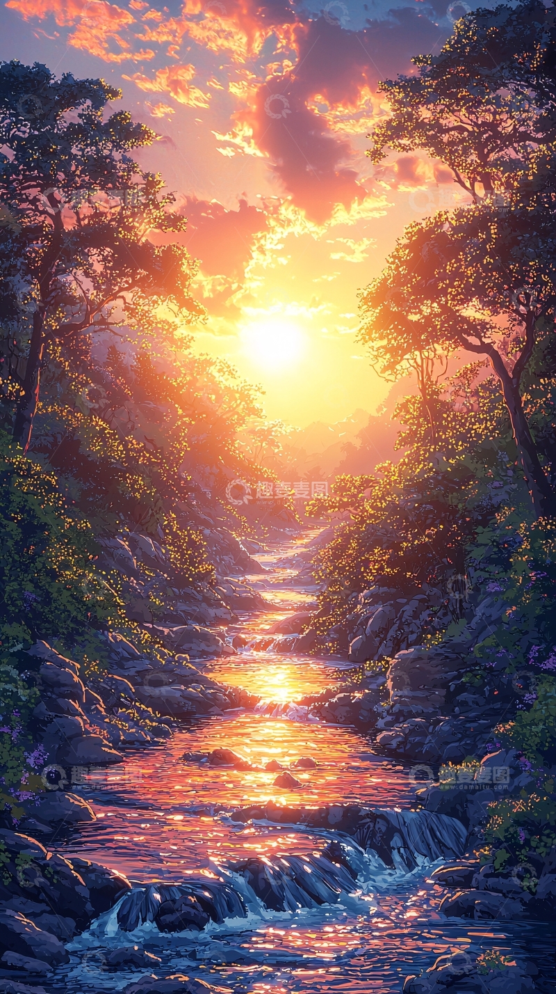 高清大图下载【趣麦麦图】金色阳光下的溪流美景