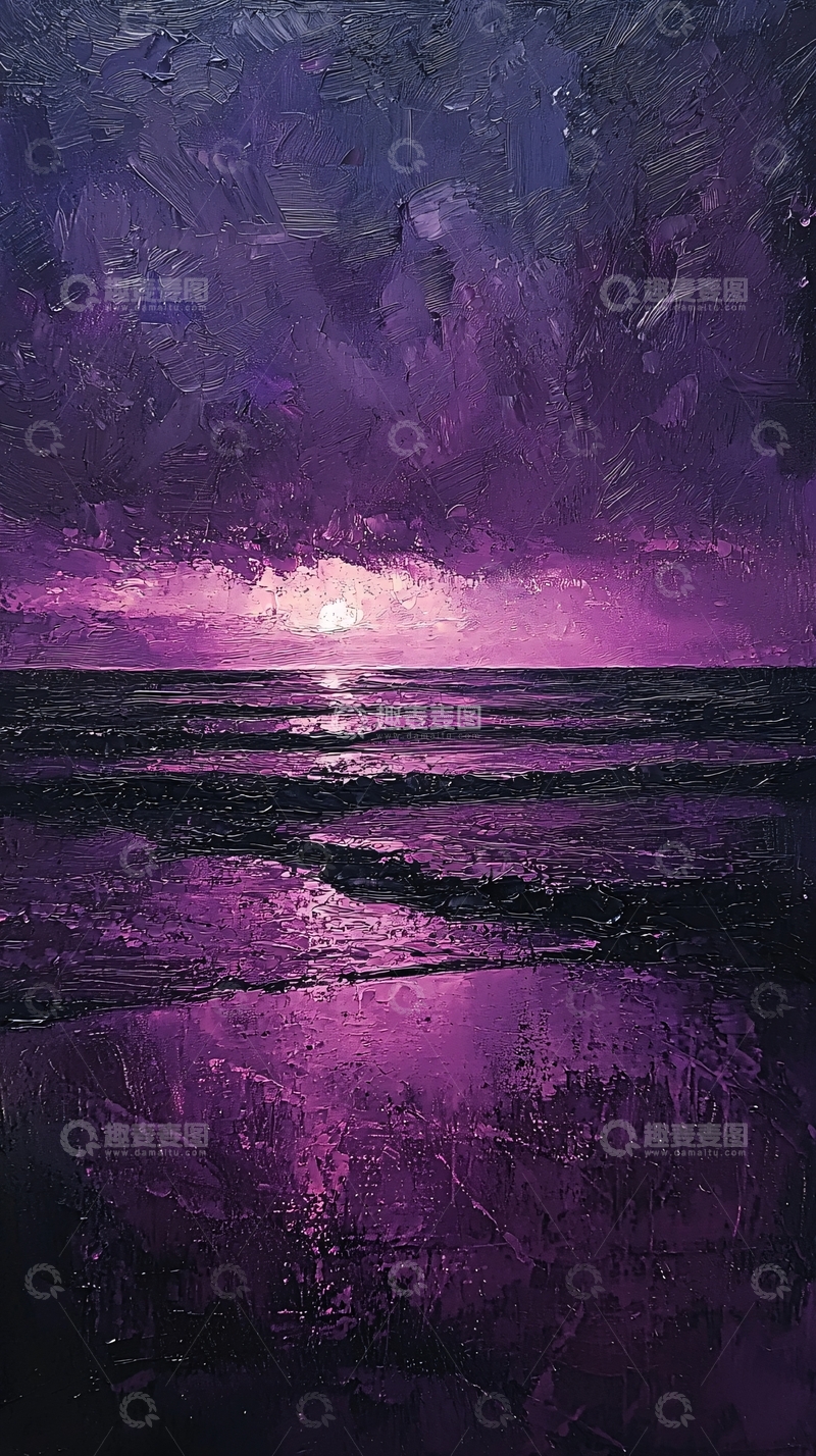高清大图下载【趣麦麦图】紫色油画海景日落