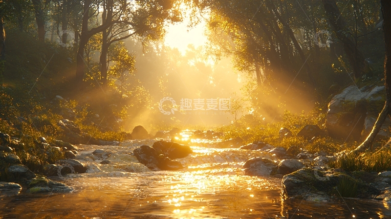 高清大图下载【趣麦麦图】森林溪流日出阳光