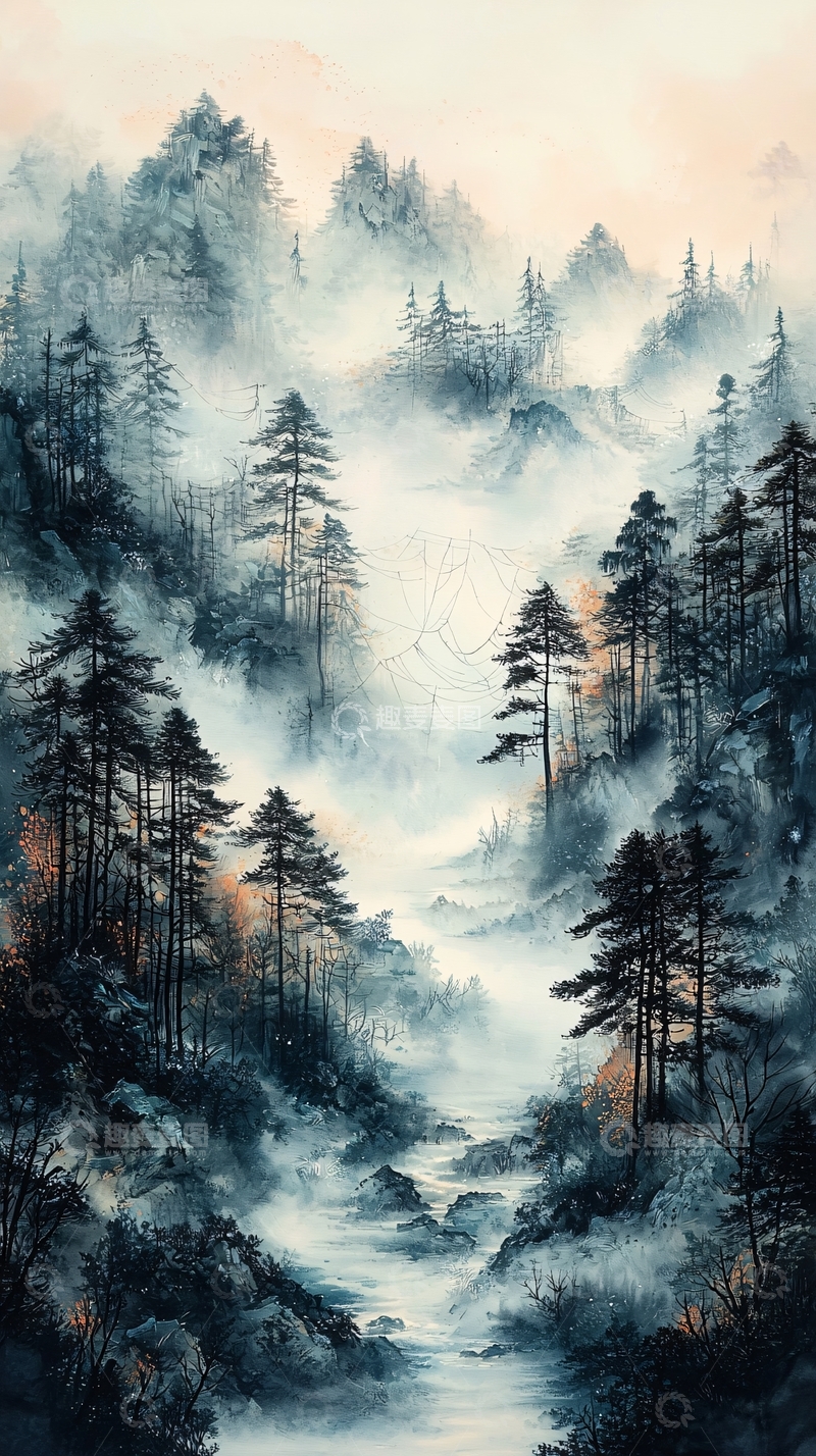 高清大图下载【趣麦麦图】雾气缭绕的山水树木风景