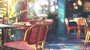 阳光洒落在户外餐厅