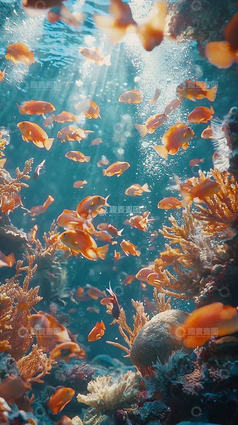 高清大图下载【趣麦麦图】阳光透过海水照射珊瑚礁鱼群