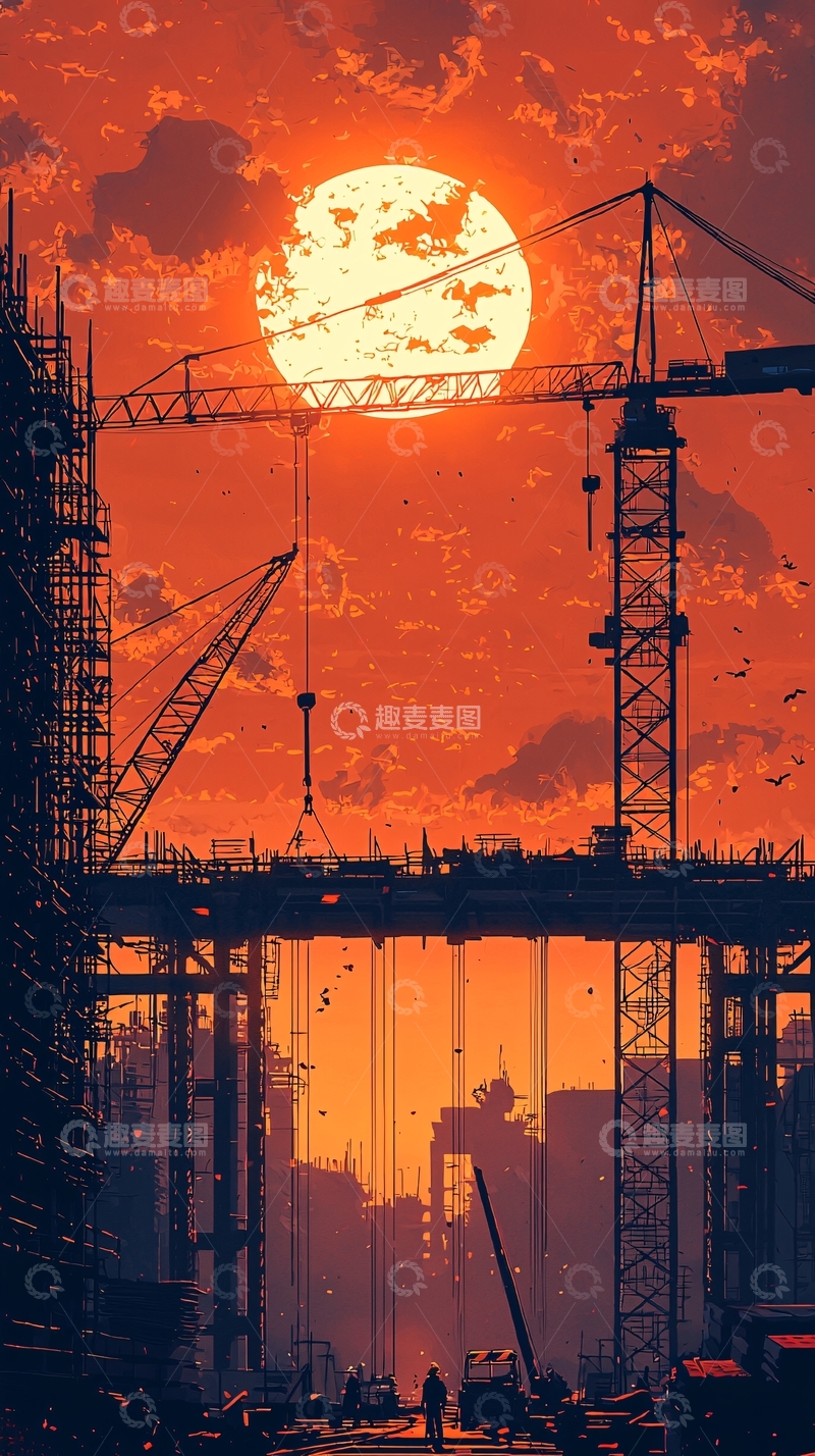高清大图下载【趣麦麦图】日落下的城市建筑工地