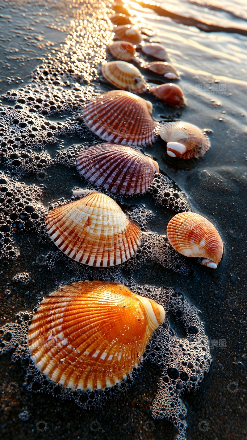 高清大图下载【趣麦麦图】海滩上的一排贝壳