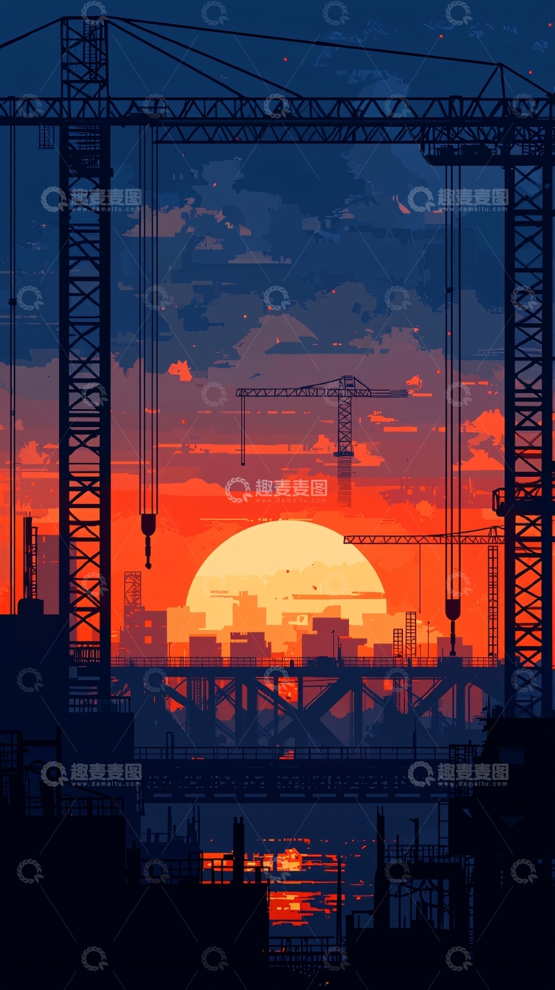 高清大图下载【趣麦麦图】像素风城市日落剪影