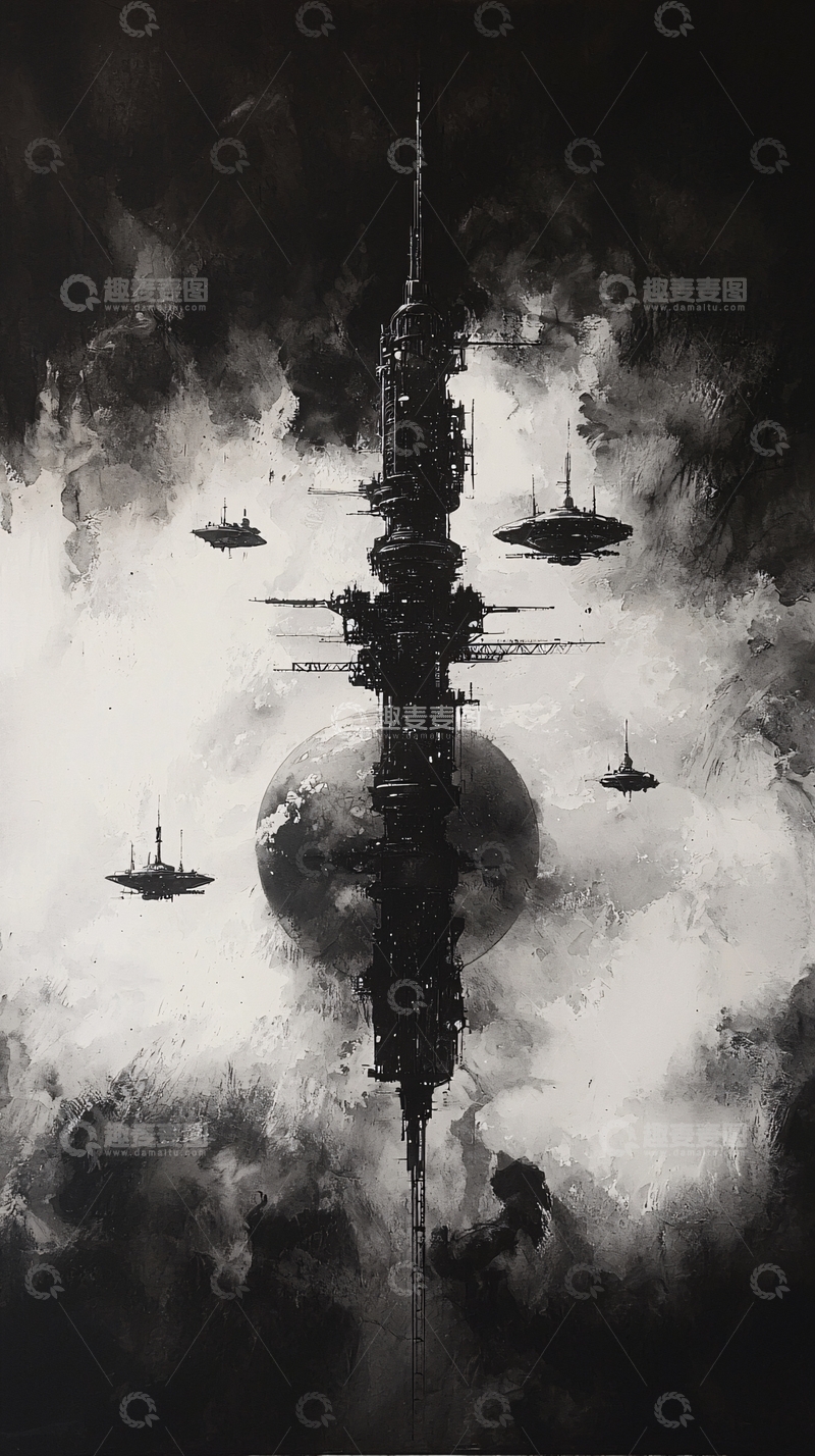 高清大图下载【趣麦麦图】科幻空间站的黑白绘画