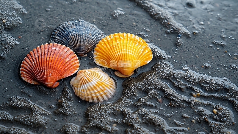 高清大图下载【趣麦麦图】彩色贝壳在黑沙上