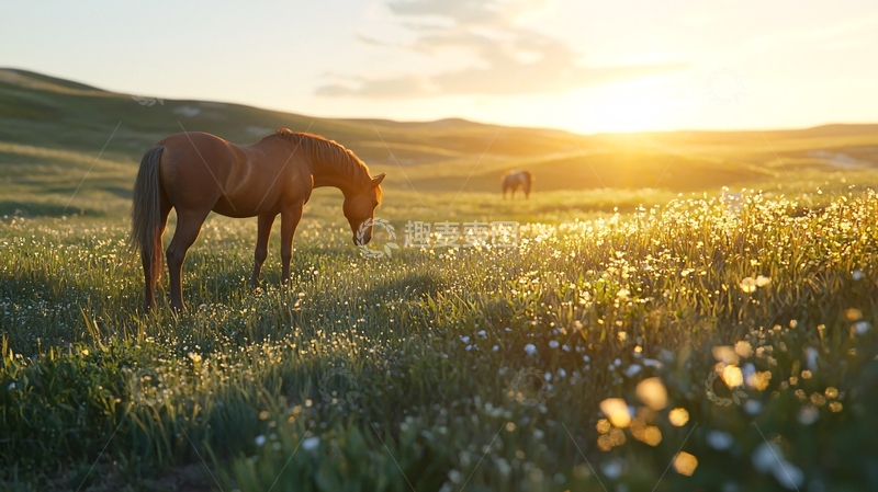 高清大图下载【趣麦麦图】落日草原上的两匹马