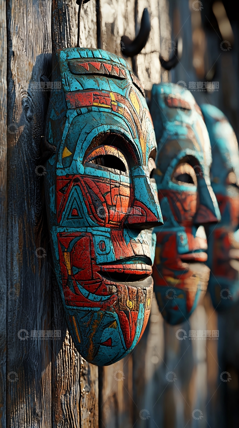 高清大图下载【趣麦麦图】木质彩绘面具墙面挂饰