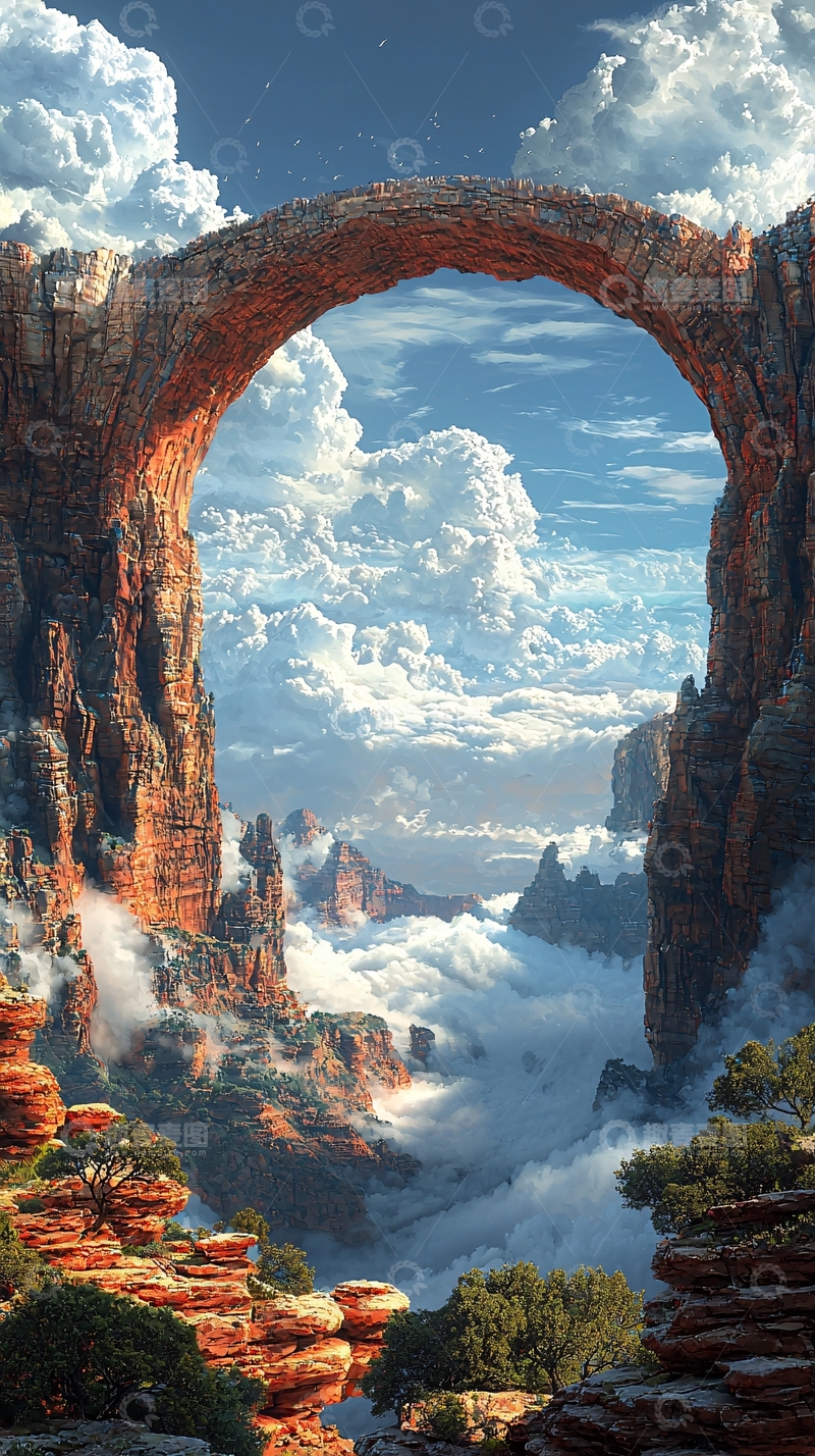 高清大图下载【趣麦麦图】拱形石桥连接峡谷