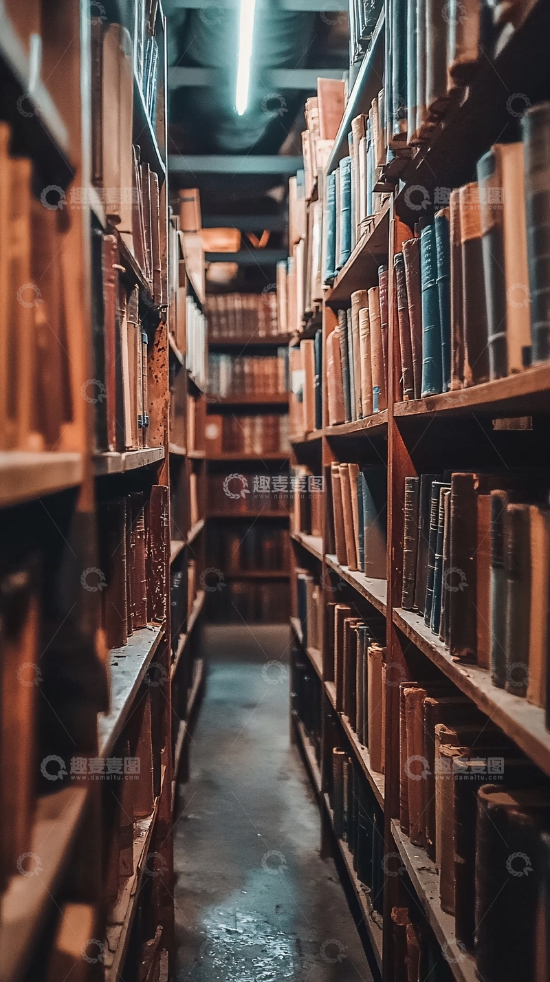 高清大图下载【趣麦麦图】古老书籍堆满书架的走廊