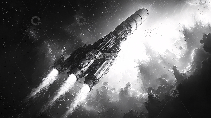 高清大图下载【趣麦麦图】火箭升空穿梭云层黑白影像