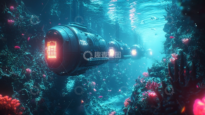高清大图下载【趣麦麦图】深海潜水艇穿梭珊瑚礁