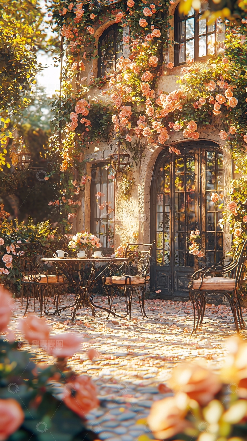 高清大图下载【趣麦麦图】玫瑰藤蔓覆盖的欧式建筑