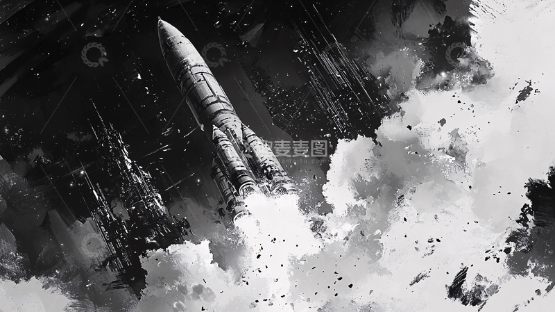高清大图下载【趣麦麦图】火箭穿梭云层黑白绘画