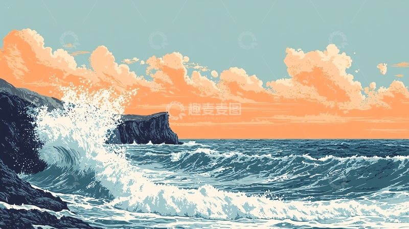 高清大图下载【趣麦麦图】海边日落波浪像素画