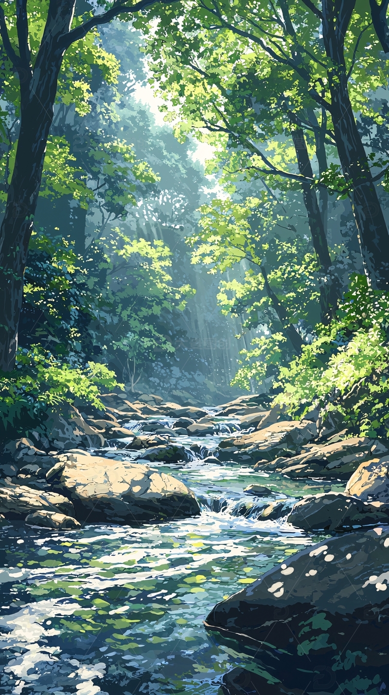 高清大图下载【趣麦麦图】阳光森林溪流