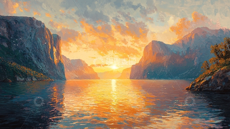 高清大图下载【趣麦麦图】峡湾日落风景画