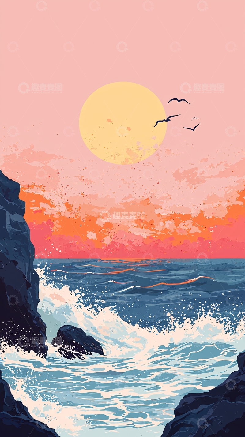 高清大图下载【趣麦麦图】粉色日落海浪