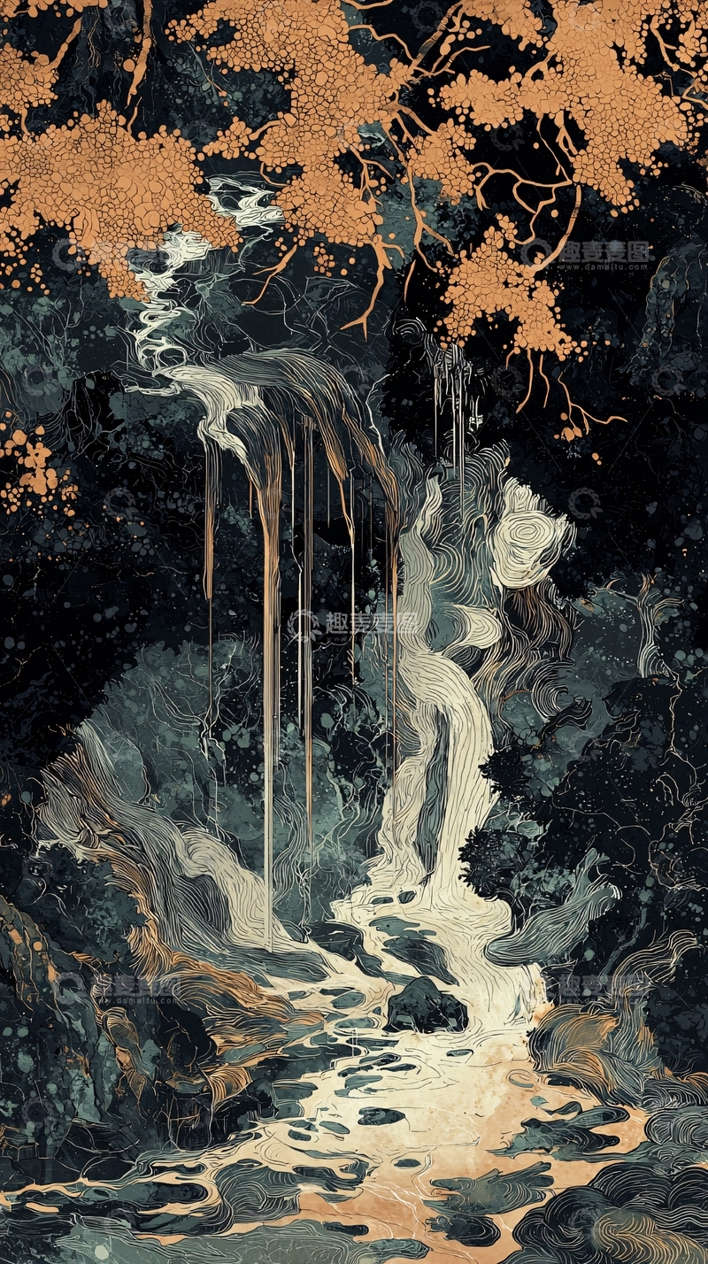 高清大图下载【趣麦麦图】暗金色瀑布森林溪流