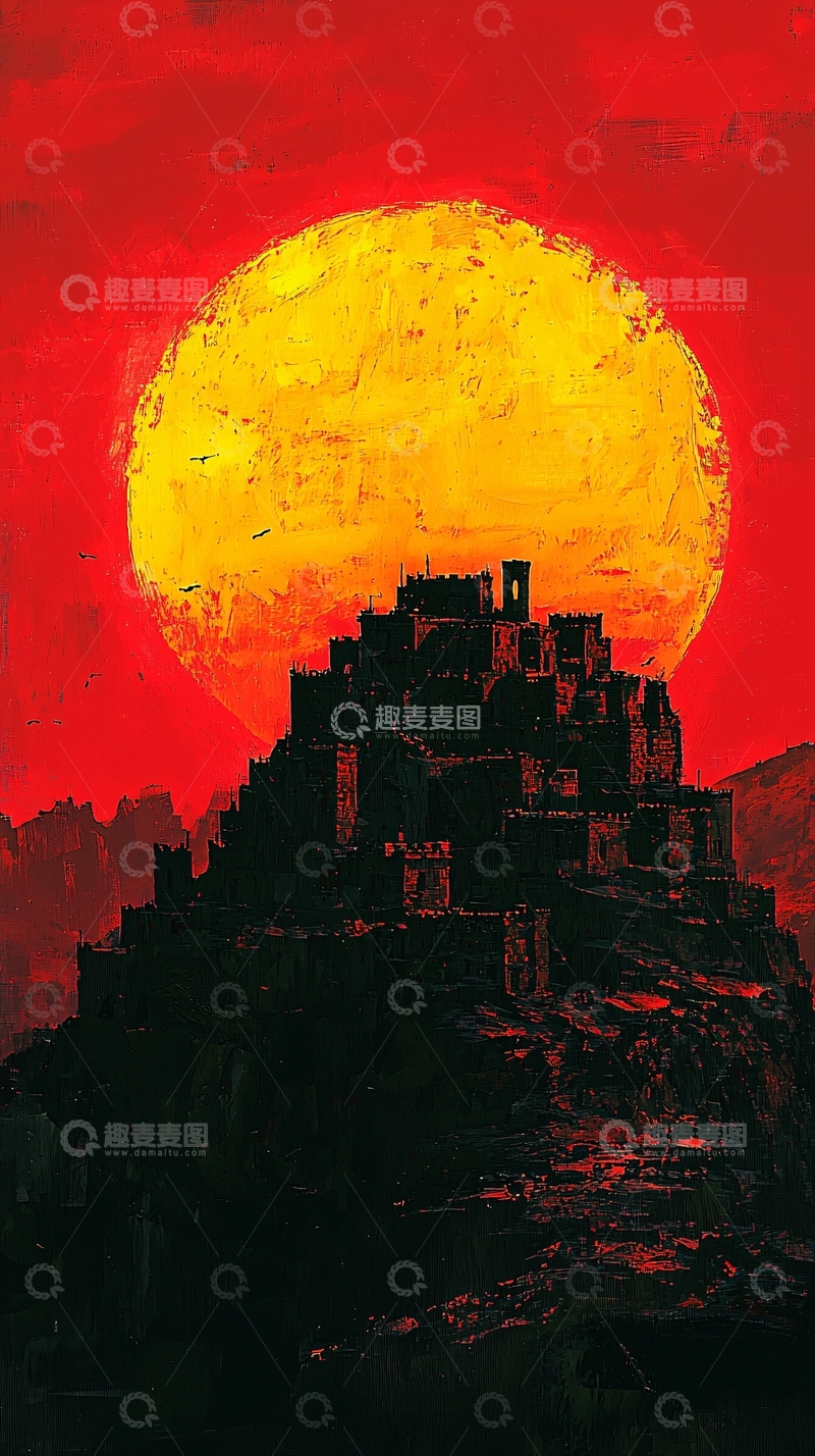 高清大图下载【趣麦麦图】红色天空下的城堡剪影