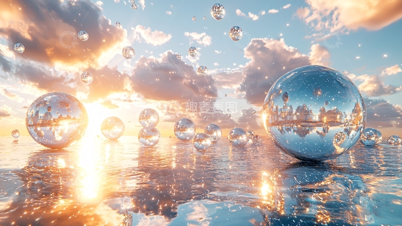 高清大图下载【趣麦麦图】金属球体漂浮在水面