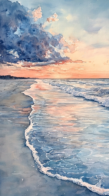 水彩画海滩日落