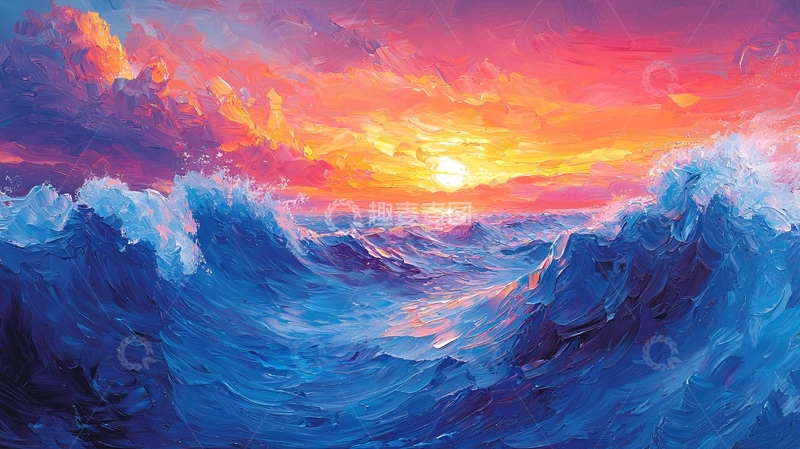 高清大图下载【趣麦麦图】绚丽多彩的日落海浪