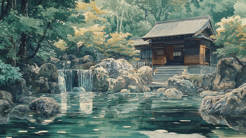 高清大图下载【趣麦麦图】宁静的日式庭院风景画