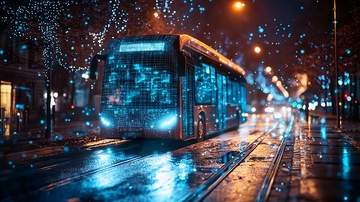 夜间城市中行驶的未来公交车