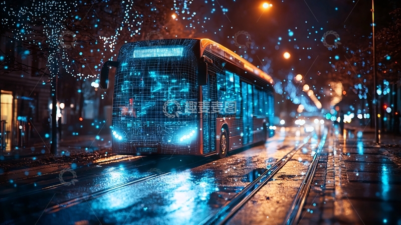高清大图下载【趣麦麦图】夜间城市中行驶的未来公交车