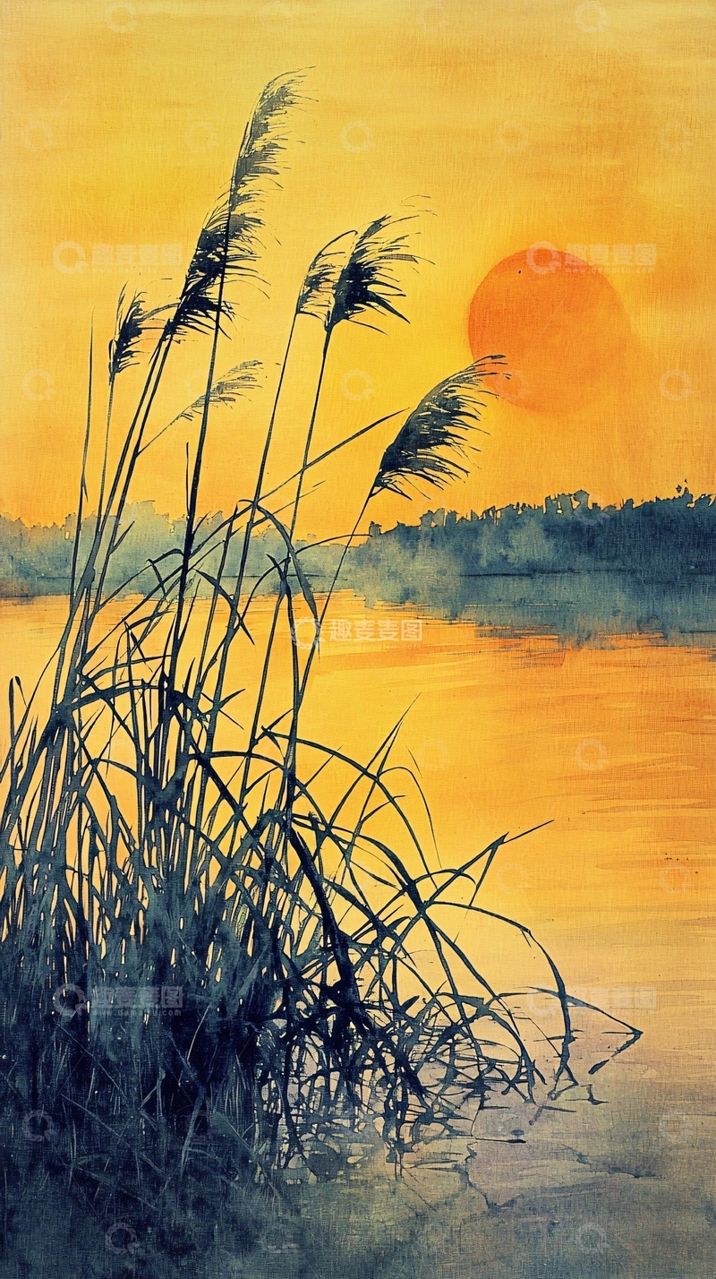 高清大图下载【趣麦麦图】日落芦苇水边风景