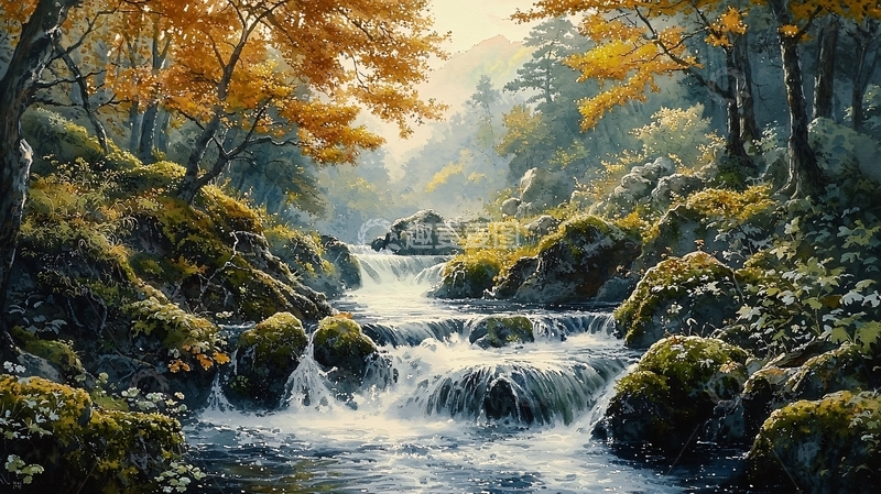 高清大图下载【趣麦麦图】秋日森林小溪瀑布