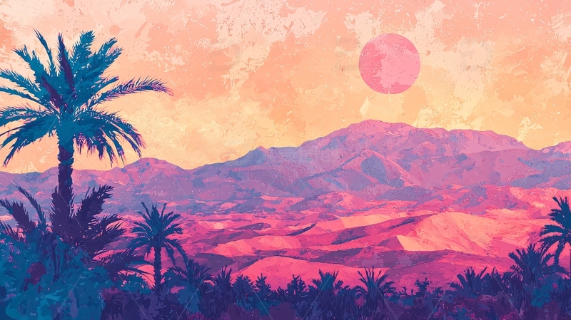 高清大图下载【趣麦麦图】粉色日落棕榈树山脉