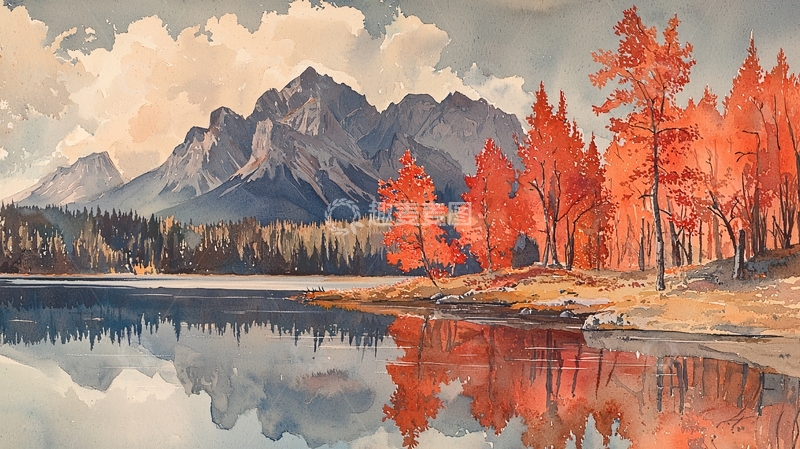 高清大图下载【趣麦麦图】秋日山湖红叶倒影