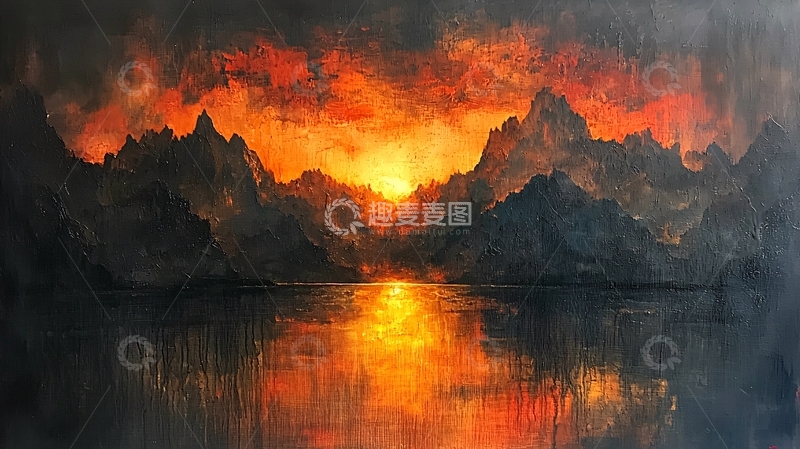 高清大图下载【趣麦麦图】湖面山峰日落的油画风景